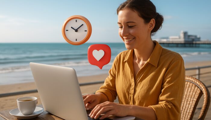 Small business owner organising social media posts on a laptop at a seaside café in Weston-super-Mare