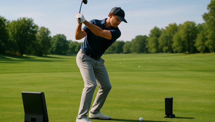 Focused golfer utilising launch monitors and swing analyzers on a sunny driving range to refine their technique.