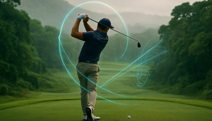Golfer mid-swing on a misty South African course with holographic swing data overlays.