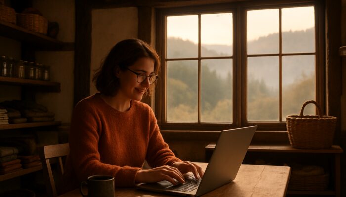 Small business owner engaging in blogging on a laptop in a rustic shop in Lydney with misty views of the Forest of Dean