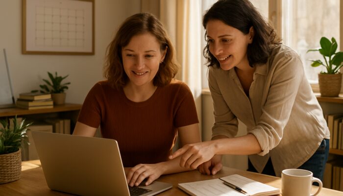 Lydney business owner planning blog posts on a laptop with a local expert in a bright office