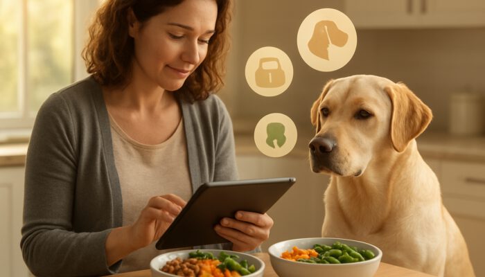 Owner reviewing health data for a Labrador on a tablet beside customised nutrition bowls in a kitchen