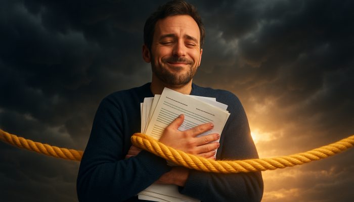 Using Forbearance Instead of More Credit: Smart Moves | DCL Relieved UK borrower clutching mortgage papers, held by golden lifeline rope amid stormy clouds