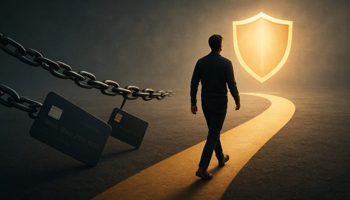 Using Forbearance Instead of More Credit: Smart Moves | DCL Person at financial crossroads choosing forbearance path, rejecting credit chains under stability shield