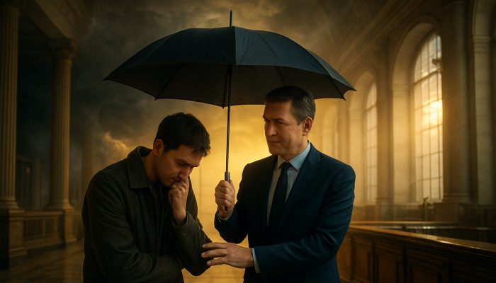 Using Forbearance Instead of More Credit: Smart Moves | DCL UK banker shielding borrower with umbrella in London bank as storm clouds part