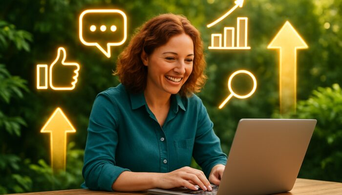 Kingswood small business owner at laptop with glowing SEO, social media icons, and growth charts