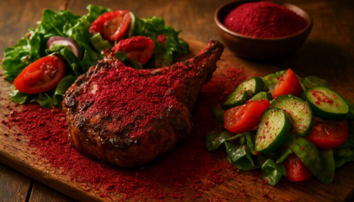Vibrant crimson sumac dusting grilled lamb and fresh salads on rustic wood.