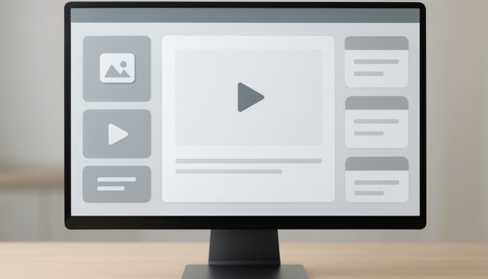 Lumen5 video dashboard displayed on a computer screen featuring upload areas for images, clips, and text.