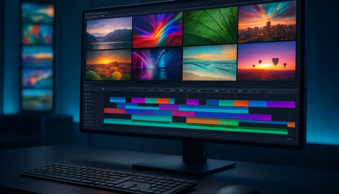 Futuristic video editing interface featuring vibrant stock images flowing into a sleek professional timeline.