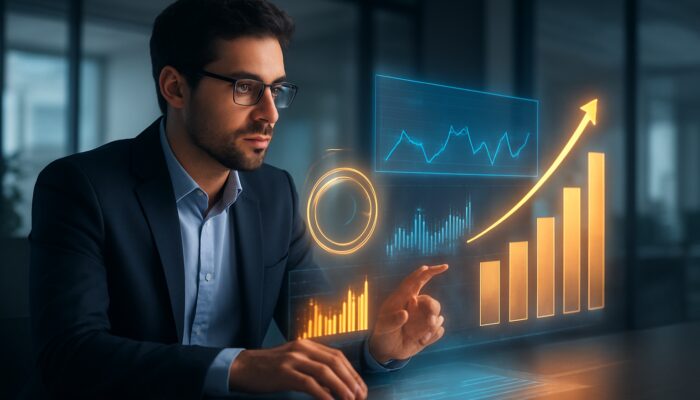 Digital marketer evaluating Amazon video ad performance using a holographic dashboard featuring vivid ROI charts in a contemporary office.