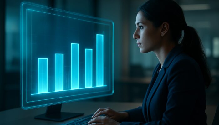 Marketer examining a holographic dashboard that displays glowing bar charts comparing video ad engagement rates with industry standards.