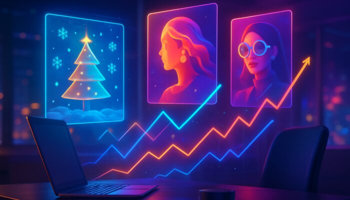 Futuristic digital workspace showcasing morphing holographic ads and rising engagement graphs in vivid colours.