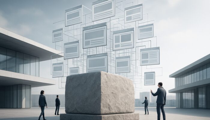 A massive engraved cornerstone anchoring a digital tower of interconnected web pages with users exploring