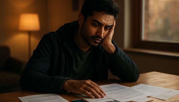 Combining Debts When You Work Gig Jobs: Practical Advice | DCL Pensive gig worker reviewing credit card bills and loans on wooden table in evening light.
