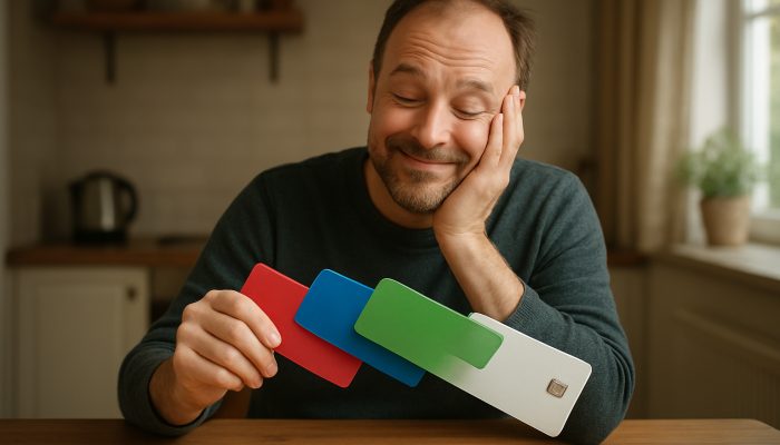 Combining Store Cards Into One Payment: Simplify Finances | DCL Relieved British shopper watches colourful store cards merge into one at cosy kitchen table