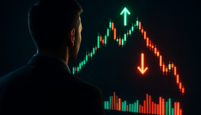 Trader analysing glowing footprint chart with delta divergence arrows and volume clusters on dark screen