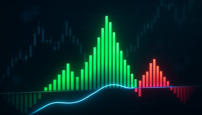 Illuminated MACD histogram showcasing tall green and red bars on a trading interface indicating shifts in momentum.