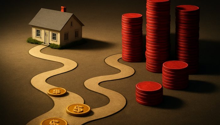 Suburban house on timeline comparing short low-interest mortgage path to long path buried in red interest stacks.
