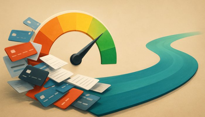 Visual representation of a credit score gauge fluctuating as various credit cards and loans merge into a streamlined pathway