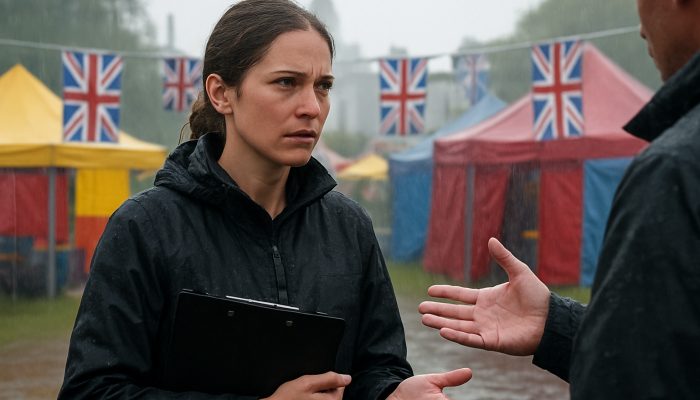 How to Tidy One-off Event Overspends: Proven Strategies | DCL Event organizer negotiating contracts at rainy London festival with colorful tents and Union Jack banners