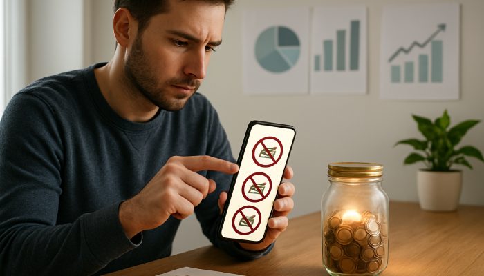 Focused individual configuring mobile application to block retail sites near glowing savings jar and debt charts