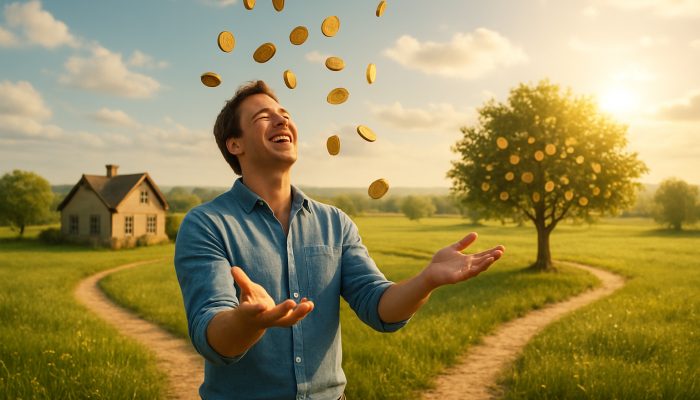 Using Small Windfalls to Boost Your Plan: UK Savings Tips | DCL Joyful person catching golden coins in meadow symbolising financial growth and debt freedom